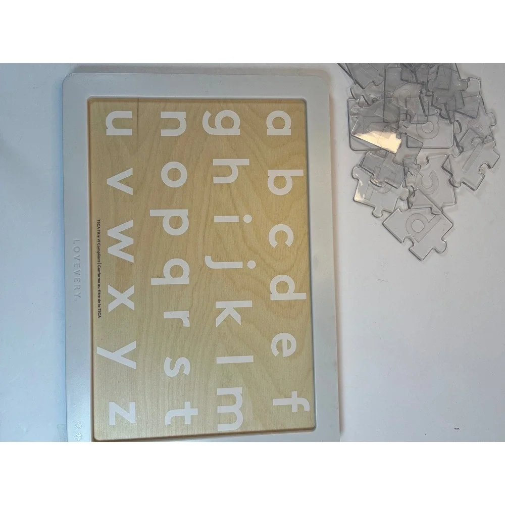 Lovevery Wooden Alphabet Puzzle Clear Acrylic Pieces and Animal Illustrations